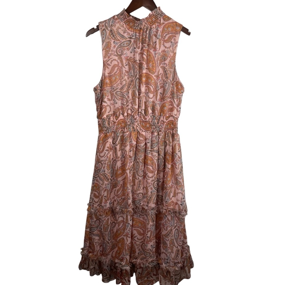 1.State | Pink Peach Paisley High Neck Tiered Sleeveless Midi Dress